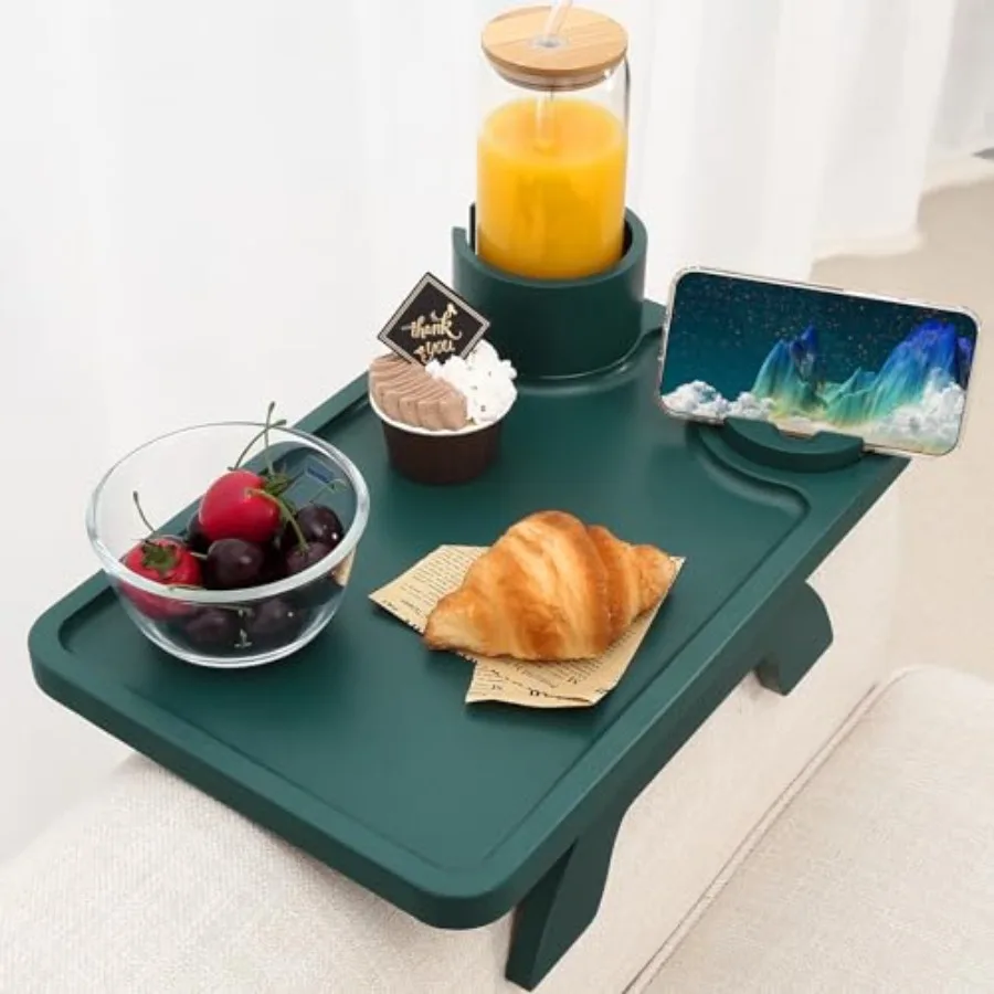 

Couch Arm Table, 3 in 1 Large 15.36"x9.85" Bamboo Sofa Arm Clip on TV Tray Table with 360°Rotated Phone/Cup Holder, Dark Green