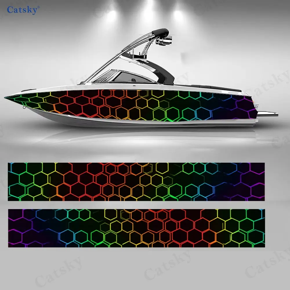 2Pcs Gradient Honeycomb Boat Stickers, PVC Waterproof Durable Vinyl Wrap Decals for Fishing Boats, Durable and Stylish Design