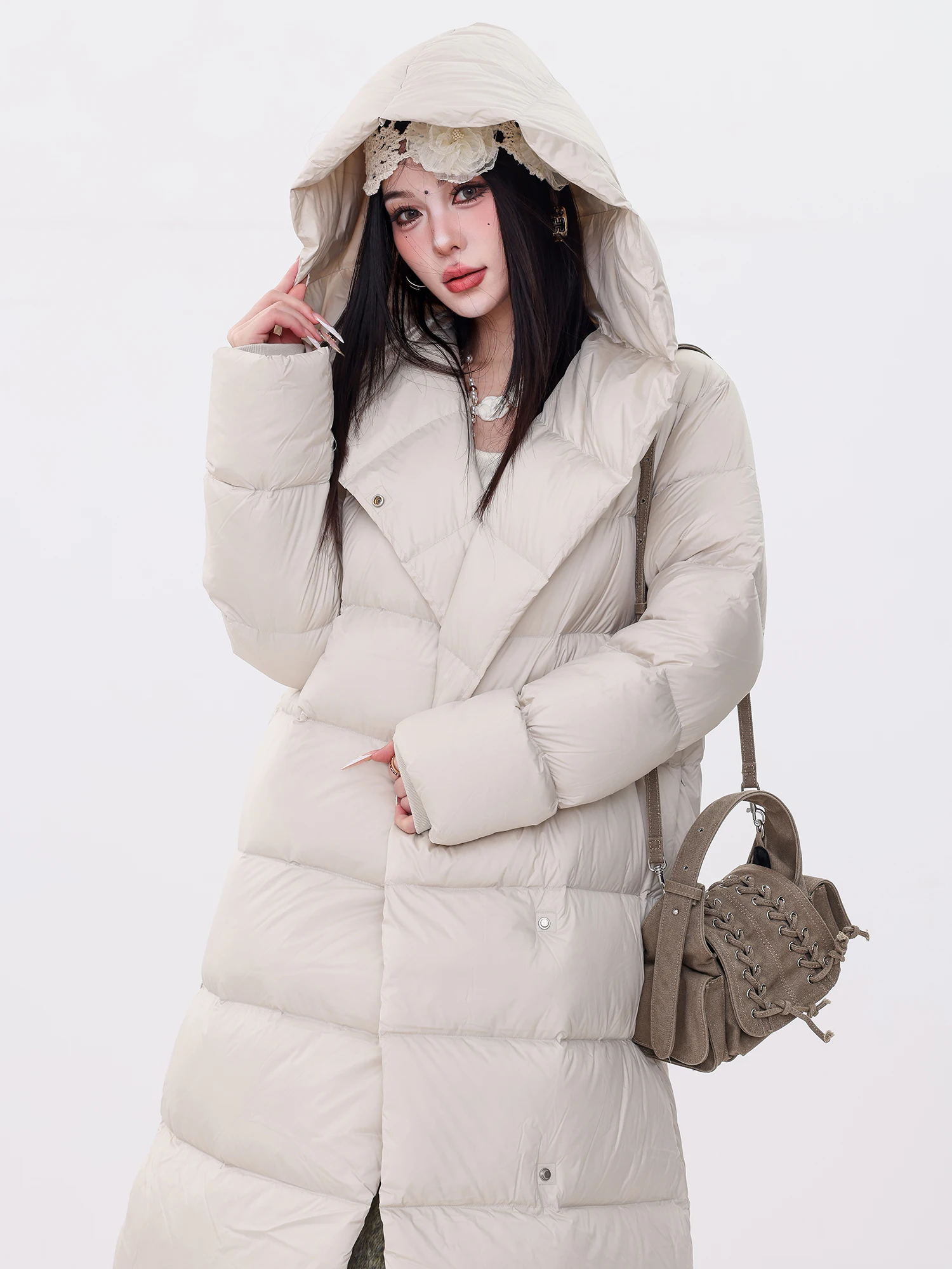 

ABWLR Original Winter Thiened White Du down Puffer Coat Women's Mid-Length Hooded Knee-Length Warm Outerwear