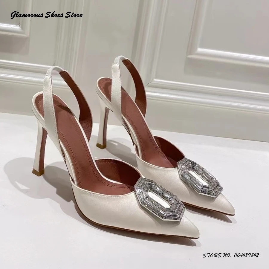 

Атласные туфли-лодочки с открытой пяткой, украшенные кристаллами, женские туфли на тонком каблуке с острым носком, вечерние свадебные туфли, весна-лето, туфли на шпильке