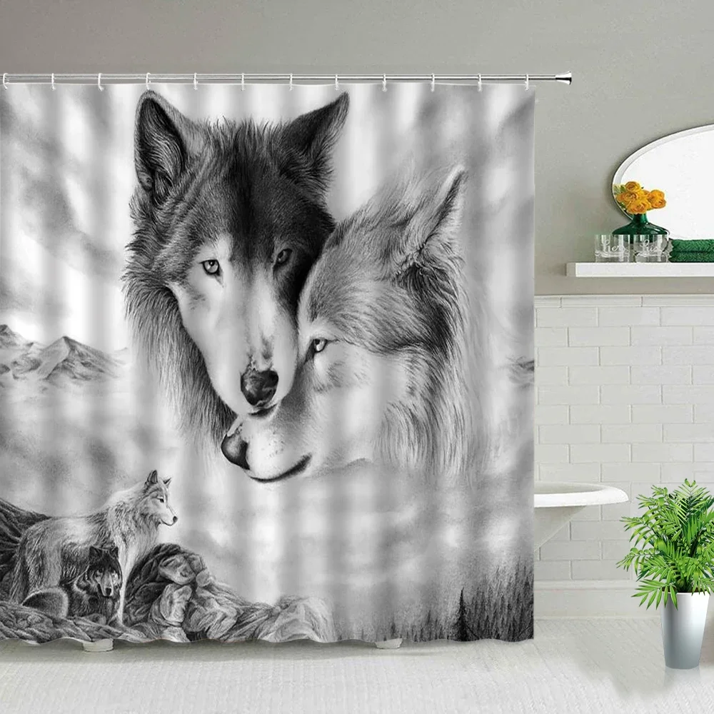 Wolf Couple Print Shower Curtain Animal Beast Bathroom Decor Waterproof Polyester Fabric Bathtub Partition Cloth Curtains