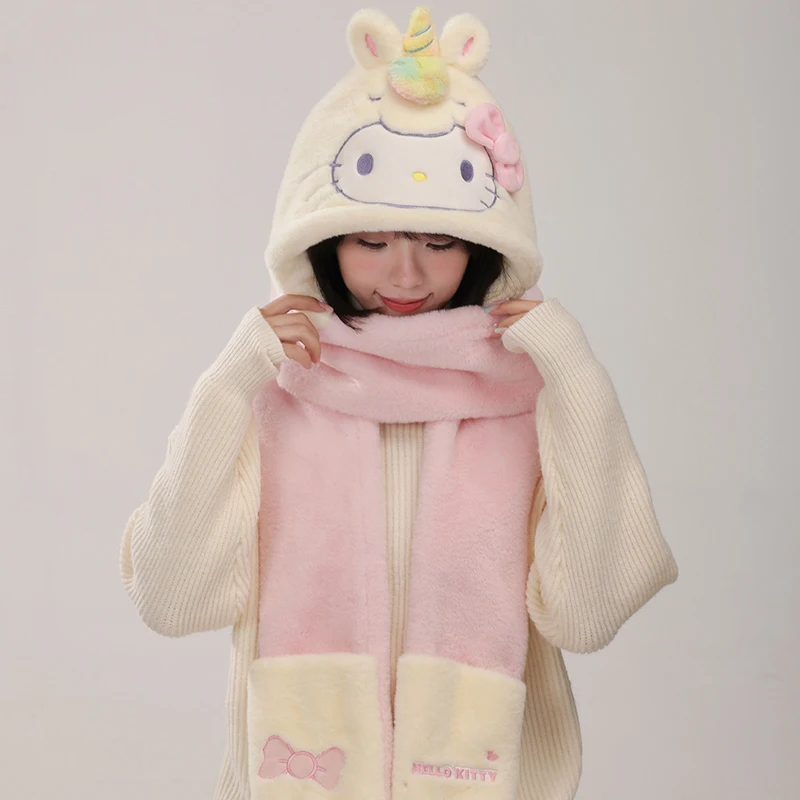 

Miniso Hello Kitty Winter Teenage Boy Girls Hat Scarf Three-Piece Woman Cap Gloves Neck cover 3-In-1 Pupil Cute Mother-Girl Gift