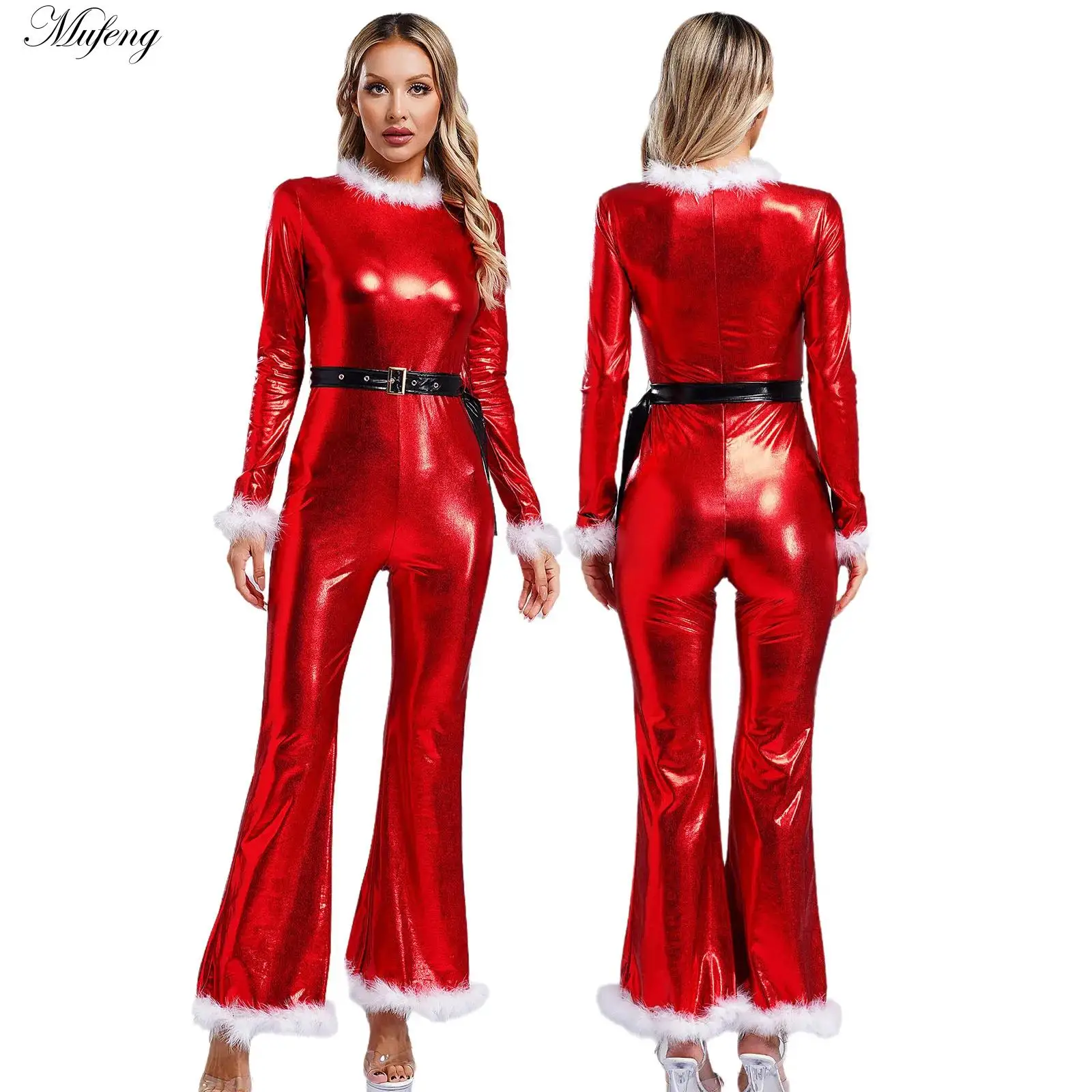 Women Christmas Outfit Festival Jumpsuit Belt Decor Long Sleeve Fuzzy Feather Trim Bodysuit Xmas Mrs Santa Claus Cosplay Costume