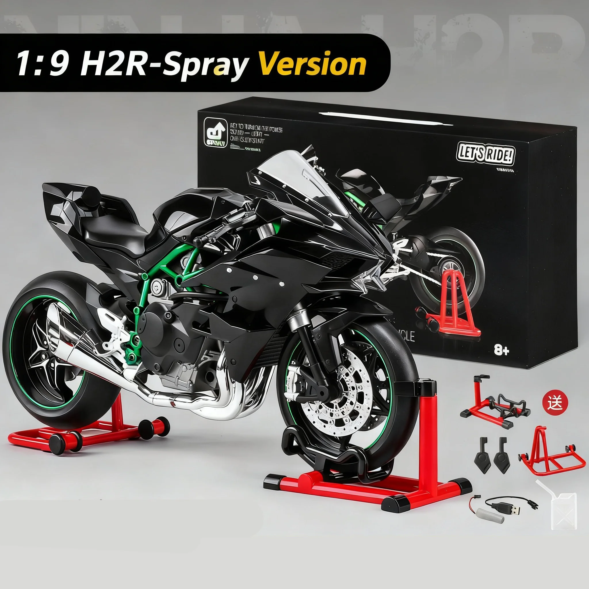 Schlüsselsteuerung 1:9 H2 H2R Legierung Sport Motorrad Modell Druckguss Track Racing Motorrad Modell Sound Licht mit Spray Kinder Spielzeug Geschenk