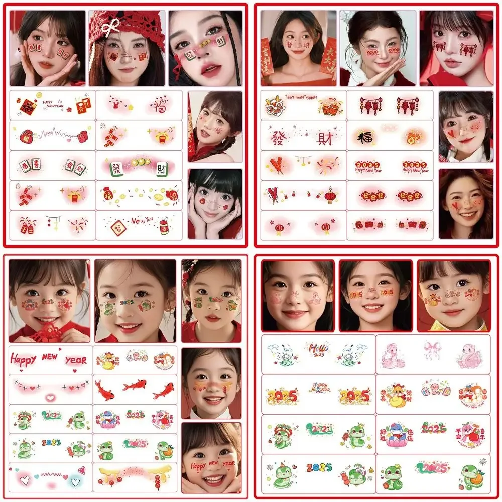 6 Sheets Trendy Glitter Face Tattoo Waterproof Red Face Makeup Patches Temporary DIY Tattoo Sticker 2025 New Year