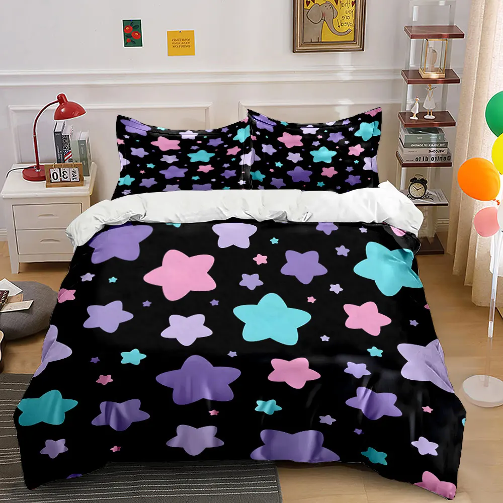

Colorful stars on black background Printed Duvet Cover Set 1 Duvet Cover+2 Pillowcase Multi Size Bedroom Bedding Decor