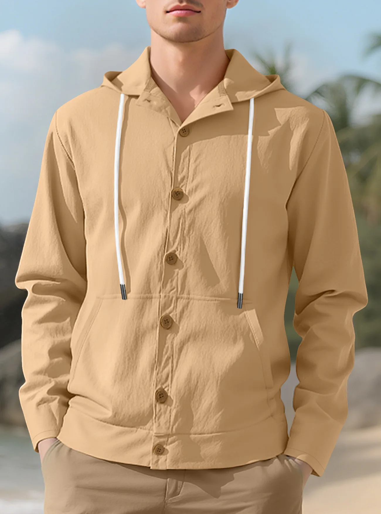 Spring Autumn Men's Button Shirt Loose Cotton Linen Casual Beach Hooded Long Sleeve Jacket