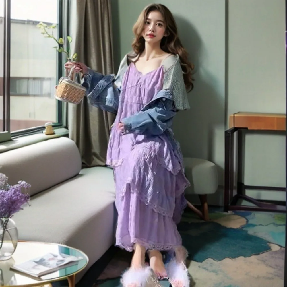 

Elegant Spaghetti Strap Strap Lace Dress Sleeveless Loose Long Dress Ruffles Dress Party Dresses Summer