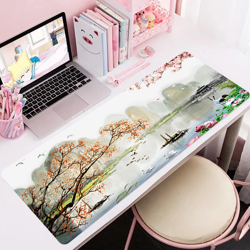 Borracha Teclado Table Pad para Jogos de Computador, Chinês Paisagem Pintura Series, Flor e Pássaro Imprimir Padrão, XXL