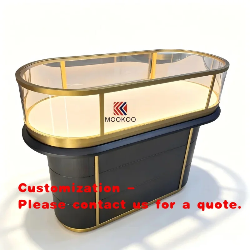 custom.Oval Curved Rose Gold Frame Jewelry Display Counter, LED Light Lockable Glass Showcase  Jewellery Boutique