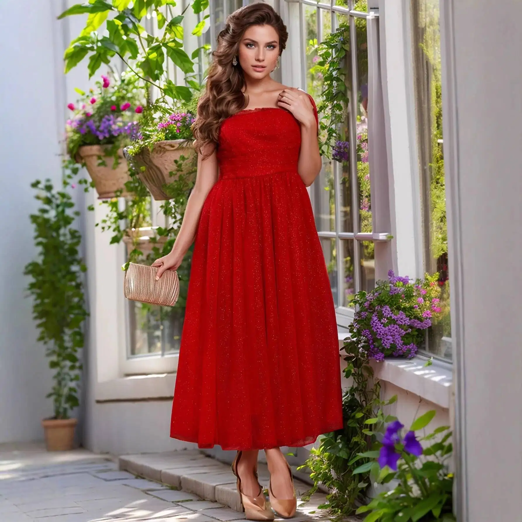 

Evening Engagement New Dress Red Strapless Toast Dress Spaghetti Strap Mesh Dress Long Gown 2025 Summer Dress Robe Vestido Women