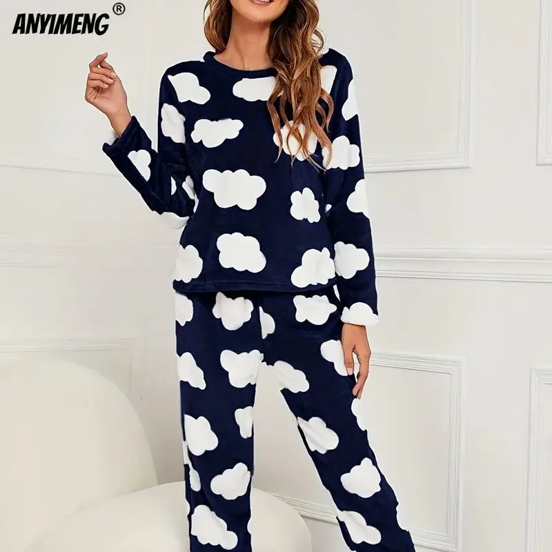 Navy Clouds Women Winter Pajamas Set Soft Flannel Fluffy Sleepwear Thermal Fashion Pijama Leisure Homewear Girl Velvet Nightwear