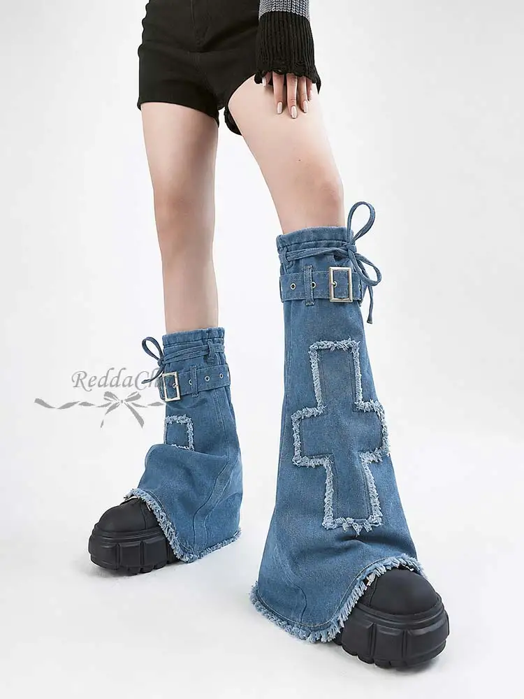 REDDACHiC Cowgirl Denim Leg Warmers Y2K Light Washed Bandage Cross Patched Raw Edge Bootcut Denim Boots Cover Trendy Accessory