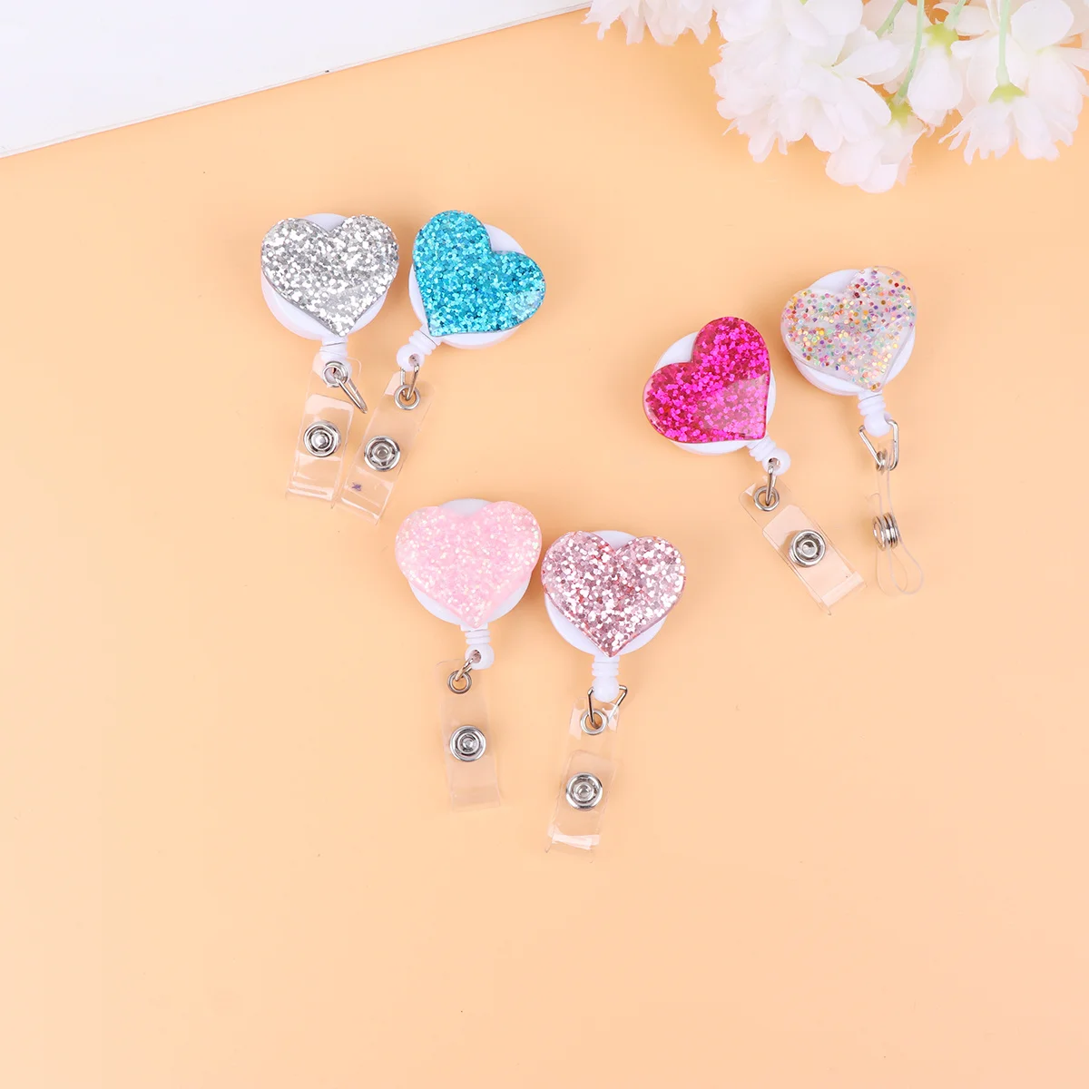 

6Pcs Rosy Blue Pink Silver Badge Reels Heart Design Retractable Id Badge Holder for Business Exhibition Office School Staff