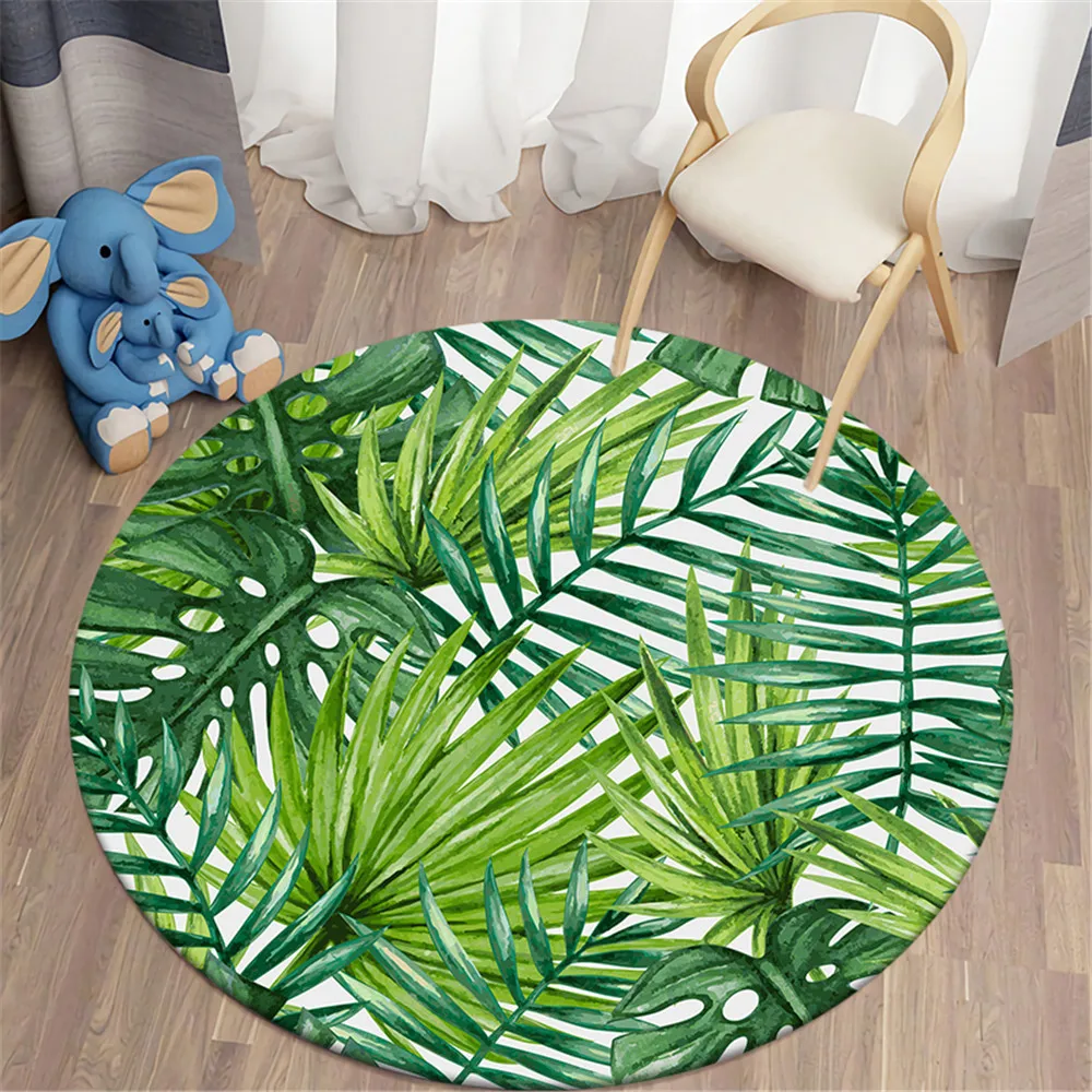 HXFashion Round Carpets for Living Room Green Tropical Printed Parlor Bedroom Children Carpet Rugs Non-slip Floor Mat