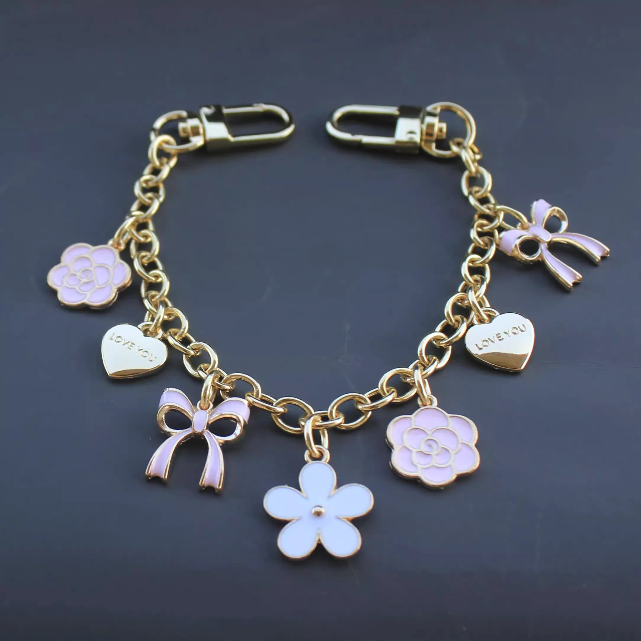 Hand Wrist Strap phone Lanyard golden shinny Metal keychain bag charm decoration bag extended white pink bow heart pendant