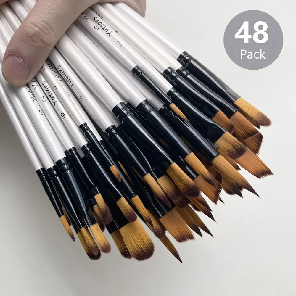 12/48Pcs Professional Quality Art Watercolor Brushes White Nylon Round Tip Set for Acrylic and Brushes for Face Body Nail Art