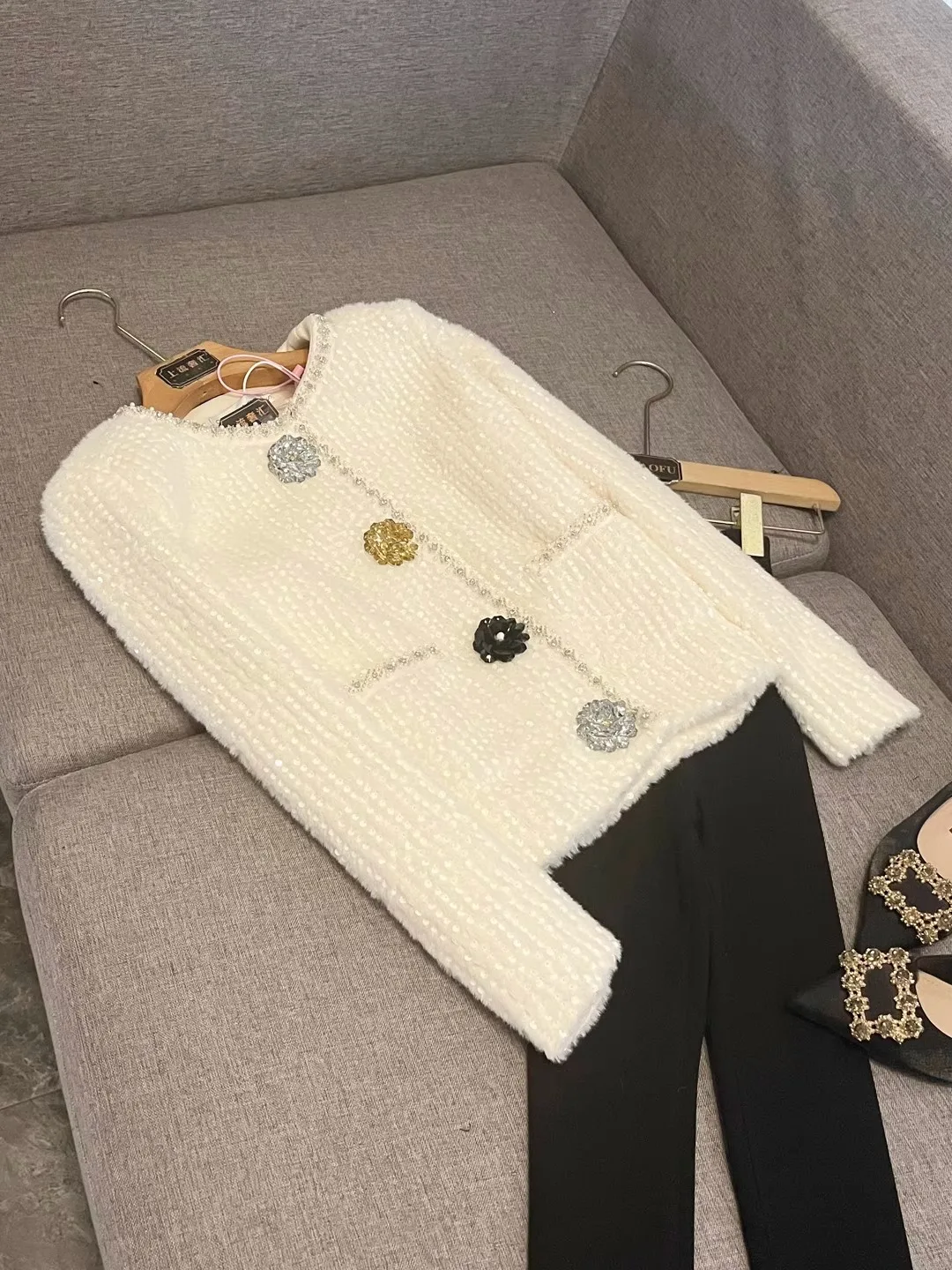 

Ele Heavy Embellied Tweed Jaet Women's Faionable Small Fraance Sle Top European Sle Long Sve Suit