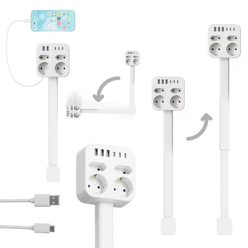 Adjustable Length Electrical Outlet Extender with EU & US Plug Stretchable Power Plug Retractable Socket 180° 360°