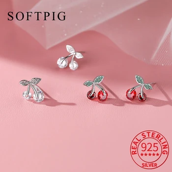 SOFTPIG 여성용 진짜 925 스털링 실버 지르콘 체리 스터드 귀걸이, 귀여운 식물 고급 쥬얼리, 미니멀리스트 액세서리  Best5