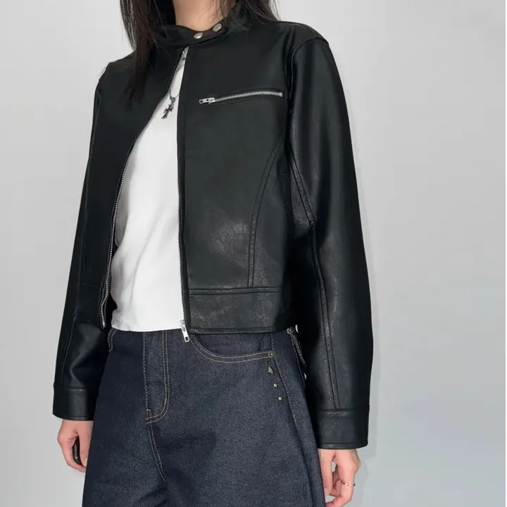 Femmes Chic Design rétro Faionable col montant moto longue Sve Baseball Jaet vêtements supérieurs coréen Sle trajet...