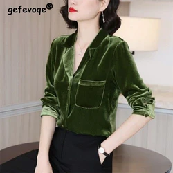 2022 Spring Autumn Velvet Elegant Fashion Solid Shirt Ladies Polo-neck Long Sleeve Buttons Vintage Top Women Loose Casual Blouse