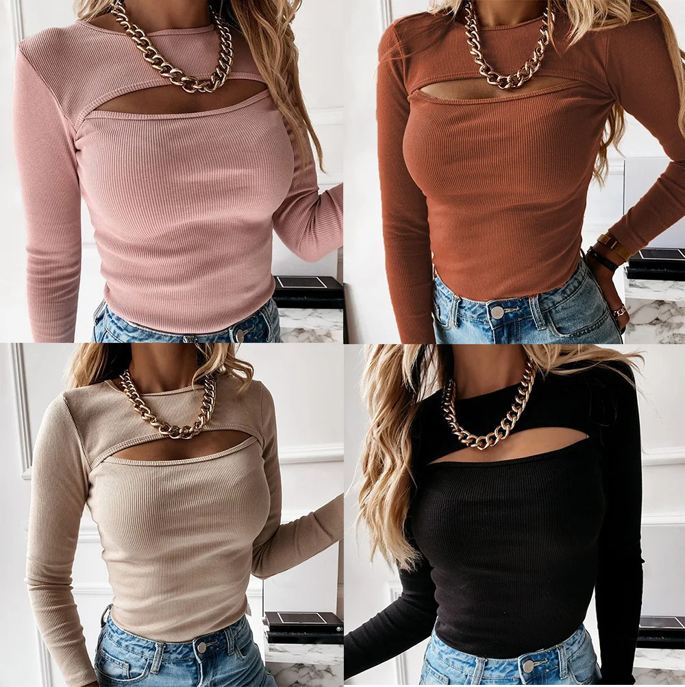 

Spring women's T-shirt hollow pure black and white long-sleeved knitted T-shirt shirt casual slim O-neck fashion T-shirt