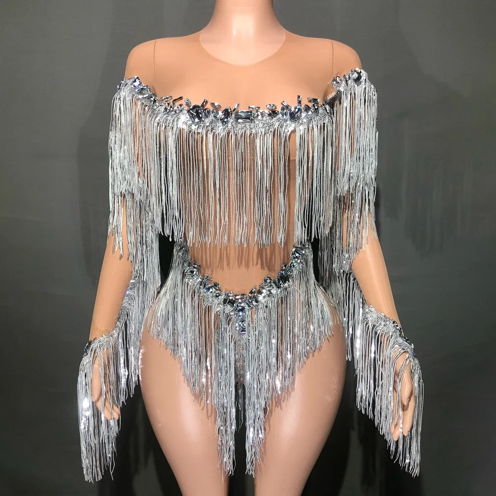 

Sparkly Rhinestones Silver Fringes Bodysuit Sexy Mesh Transparent Latin Dance Dress Performance Costume Nightclub Stage Wear