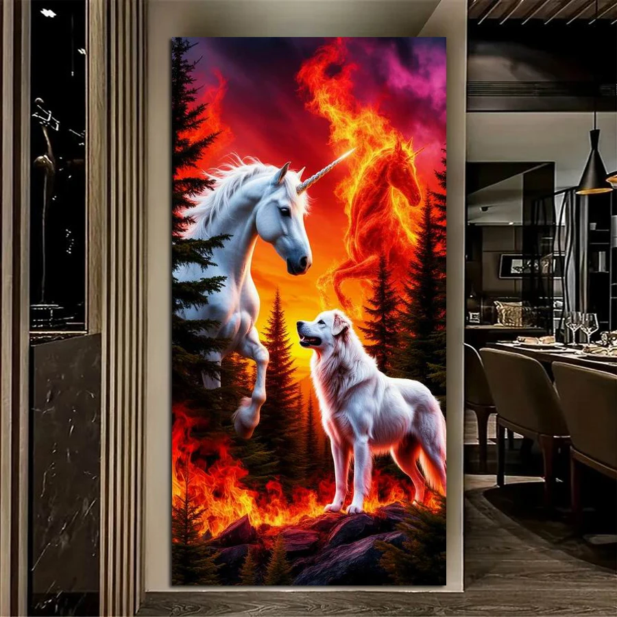 

Unicorn and Dog Large Size Diy Diamond Arts Painting Kits Flame Landscape Jewelry Cross Stitch Full Mosaic Embroidery Picture