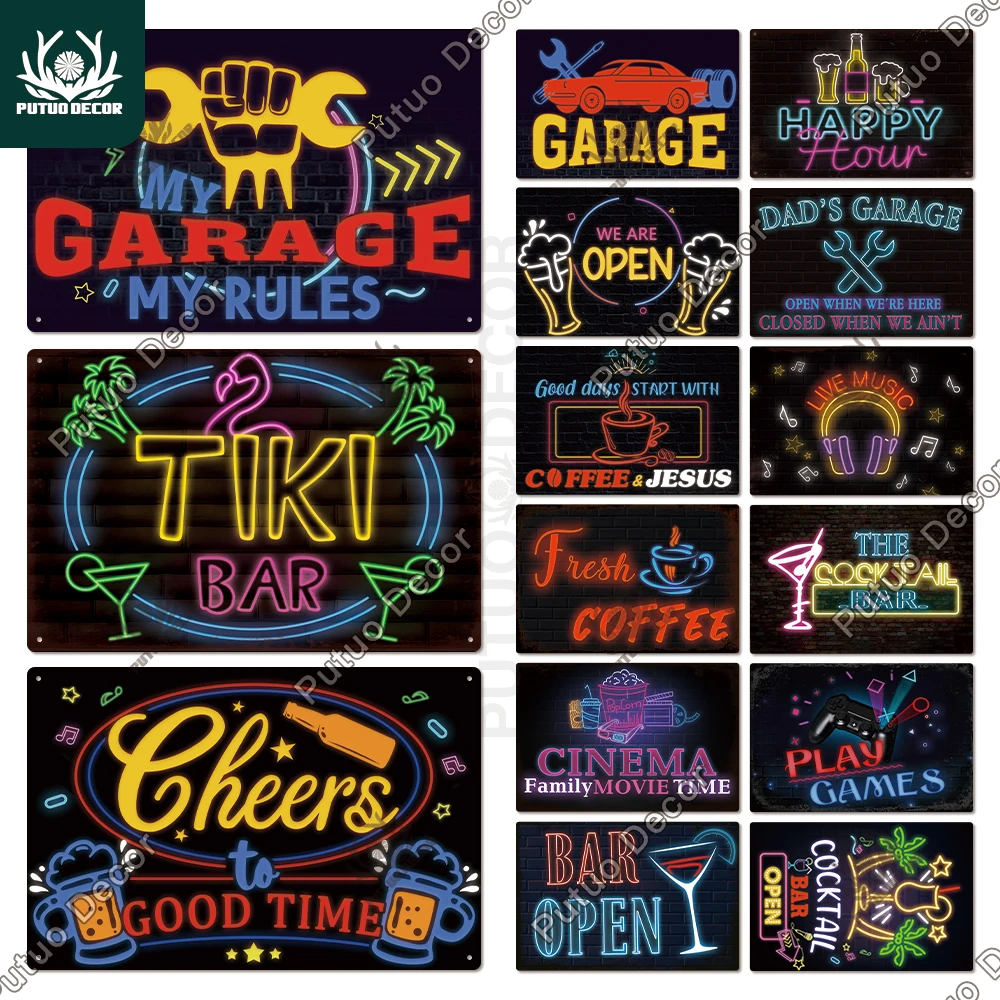 Putuo Decor Tiki Bar Metal Signs Beer Tin Poster Metal Vintage Imitate Neon Signs for Bar Pub Club Garage Live House Wall Decor