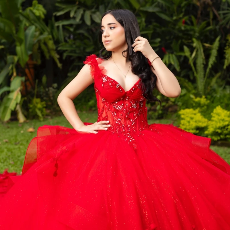 Red Off The Shoulder Ball Gown Quinceanera Dresses Appliques Flower Beading Crystal Tull Sweet 16 Dress vestidos 15 anos