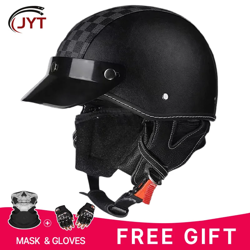 

Retro cruise half helmet for men motorcycle helmet pedal for women summer riding electric bottle bike safety helmet black grid