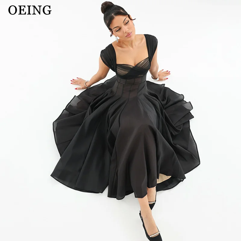 

OEING Simple A-Line Prom Dresses Black Chiffon Square Collar Sleeveless Party Dress Gala Ankle Length Birthday Dress Customized