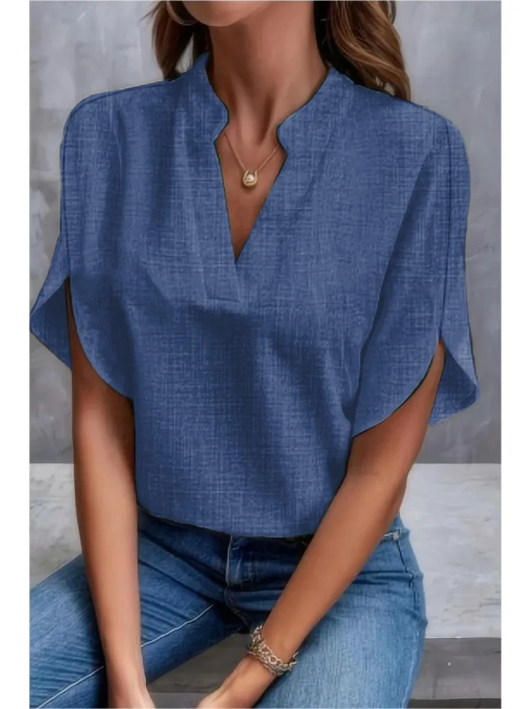 Summer Solid Color V-neck Off-shoulder Women\'s Blouse Loose Tops 2024 Elegant Office Shirt New Fashion Black Top For Women