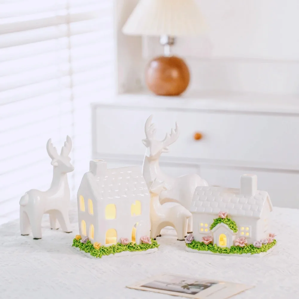 Nordic Ins Ceramic White Small House Sculpture Ornaments Living Room Bedroom Porch Tabletop House Statue Crafts Christmas Gifts