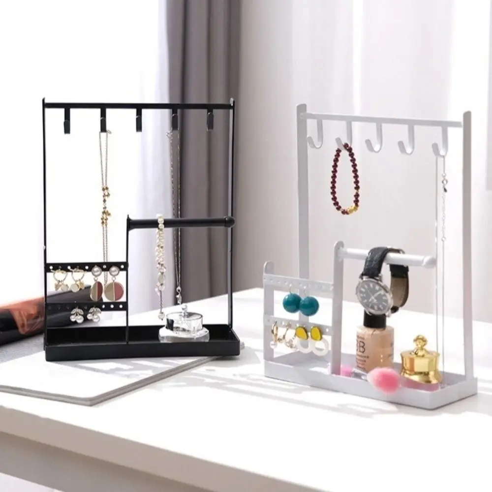 

Metal Jewelry Display Rack Multifunctional Hanging Hook Earrings Display Stand Desktop Organizer with Tray Dish Ear Stud Holder
