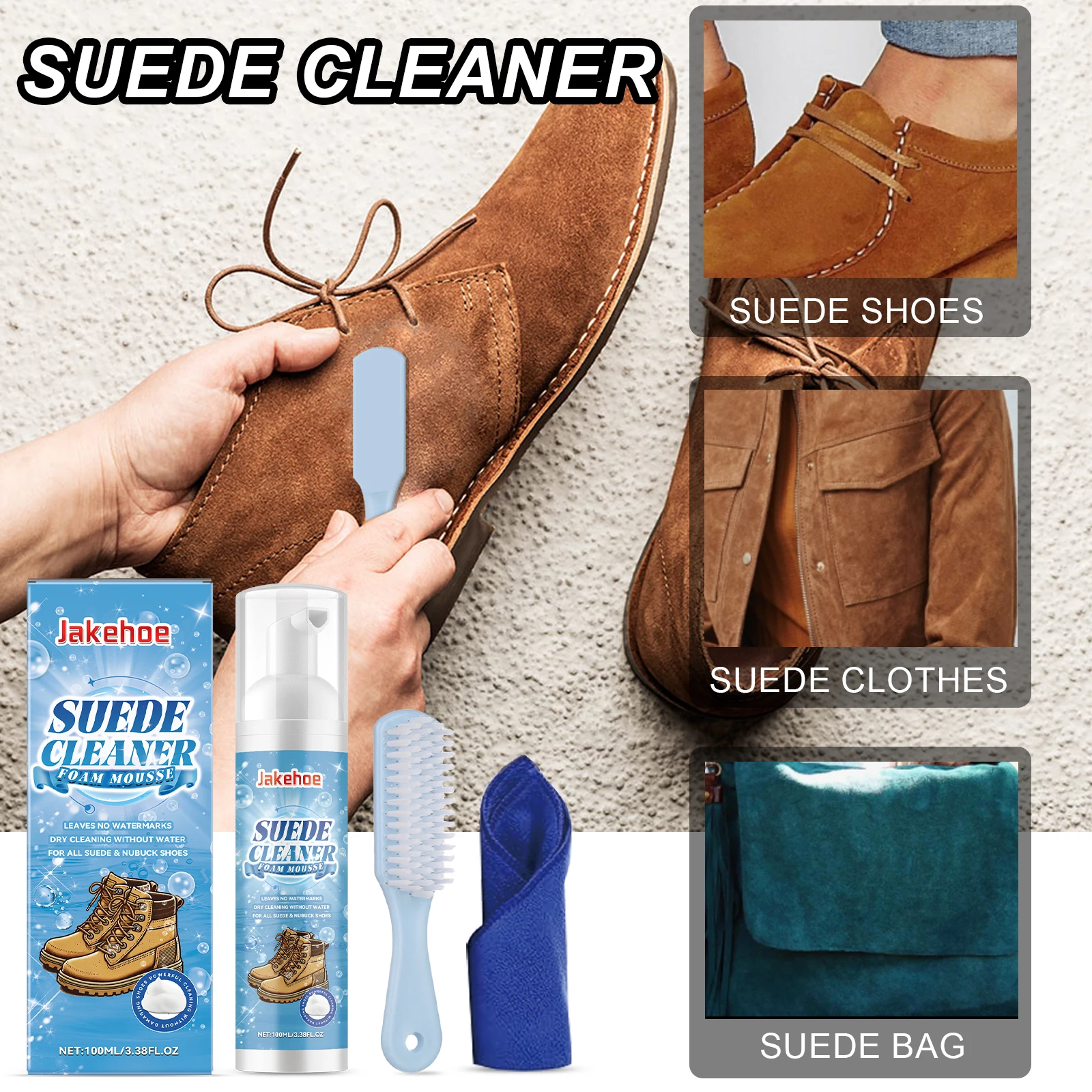 

JAKEHOE Suede Foam Cleaner Mousse No-wash Cleaning Agent Univeral Decontamination for Suede Shoes Clothes Bag Car Seat Furniture