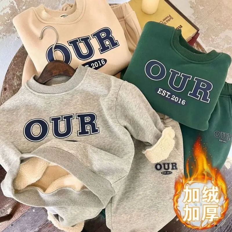 New Children Sweatshirt Set Autumn Winter Baby Boys Girls Suit Hooded Velvet Thick Hooded Sweatshirt Sweatpants New