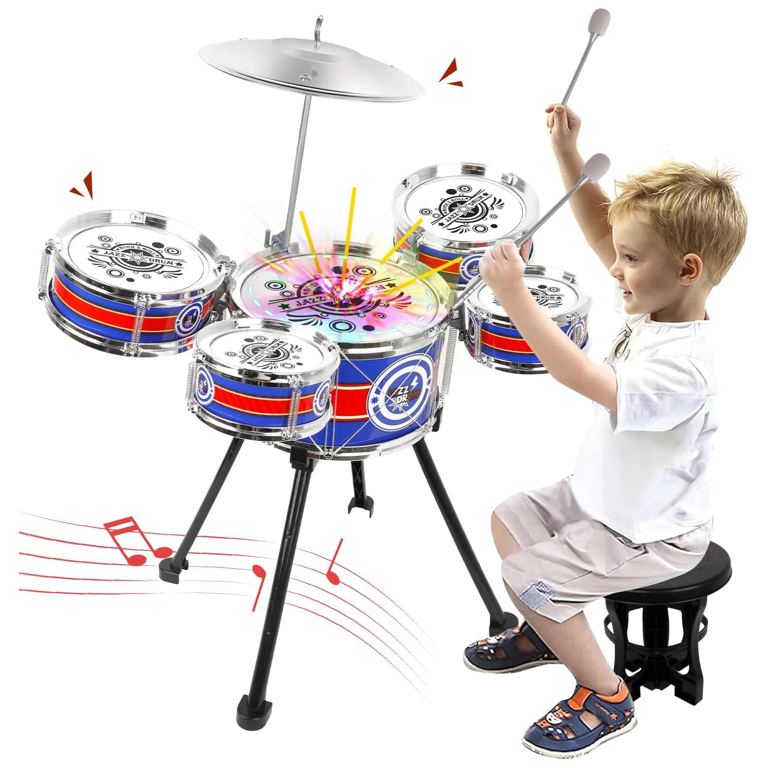 Juego de tambor para niños, instrumento Musical de Jazz, 5 tambores + 1 platillo con taburete pequeño, Kit de tambor, juguetes con luces