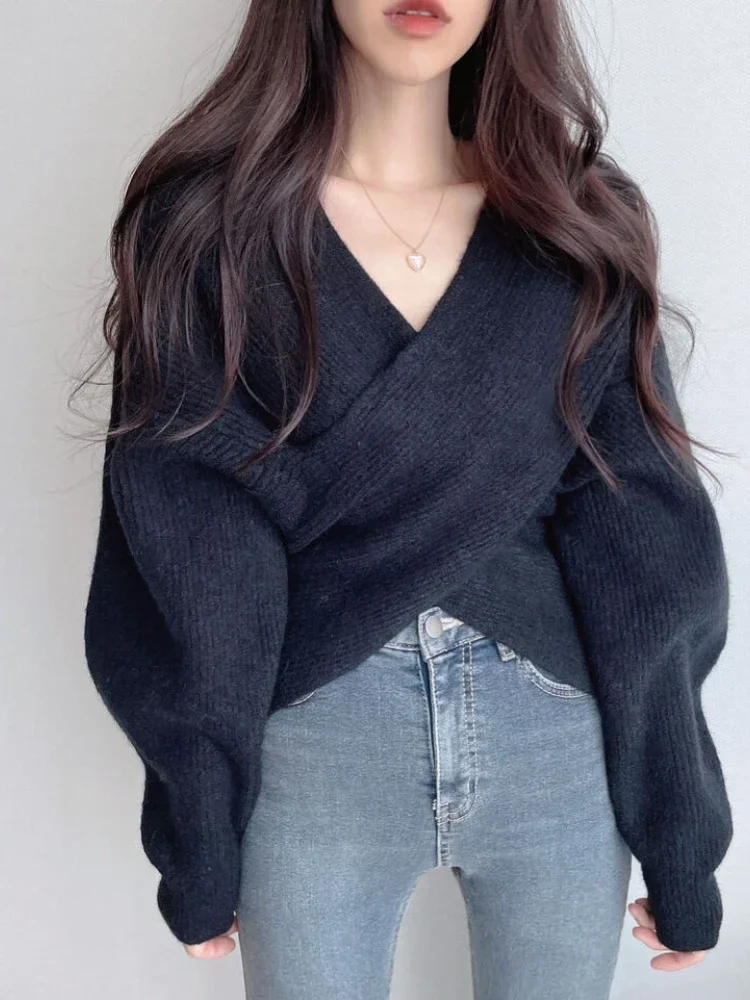 OCEANLOVE Autumn Winter Women Sweaters V Neck Cross Short Vintage Pull Femme Korean Fashion Elegant All Match Pullovers