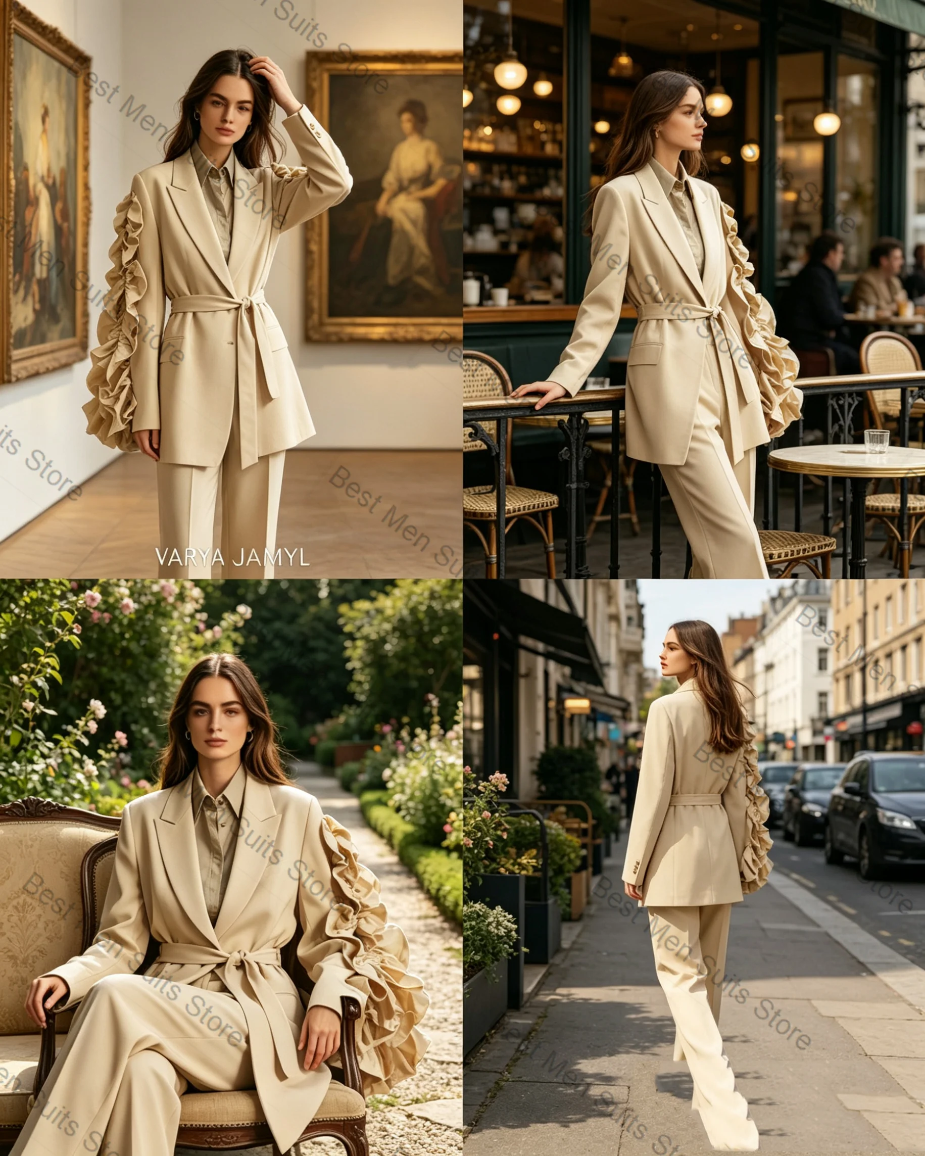 

Spring Women Suit Set 2 Pcs Blazer+Pants Trousers Cotton Ruffles Sleeves Formal Office Lady Jacket Customized Wedding Guest Coat