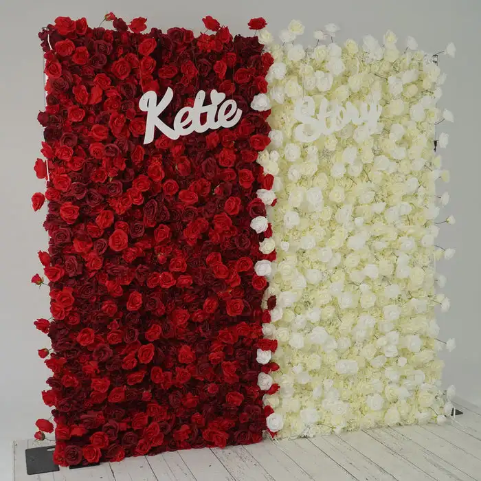 

3D luxury Burgundy and white Champagne roses artificial mixed flower wall wedding backdrop decorated with proposal party props