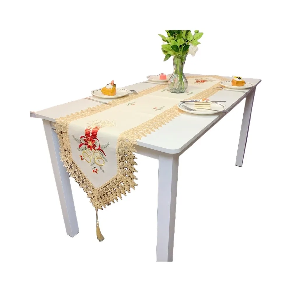 White Table Scarf Polyester 40 cm x 180 cm Festive Bell Embroidery Lace Trim with Tassel for Dining or Side Cabinet