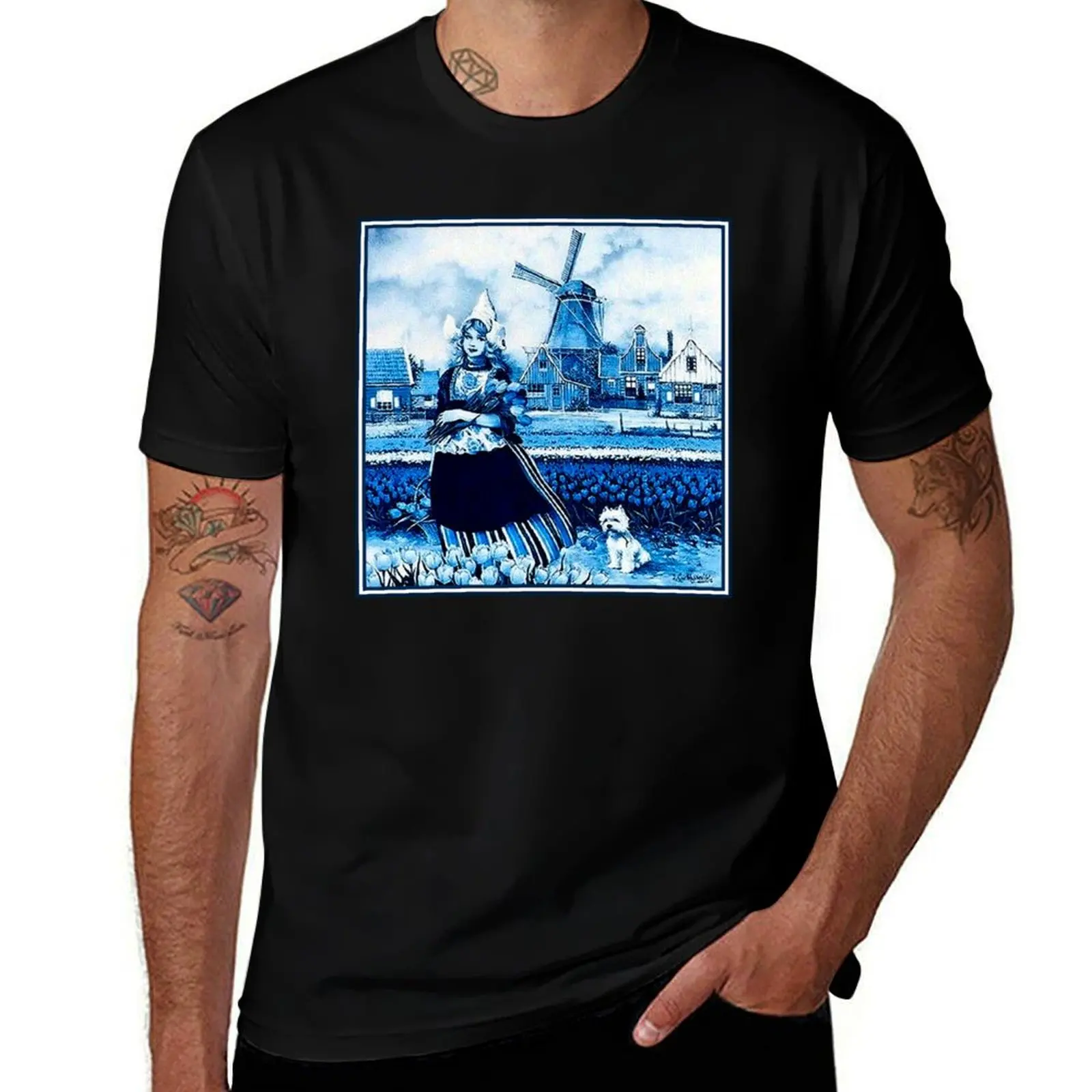 DUTCH BLUE DELFT: Vintage Windmühle, junges Mädchen, Hund und Tulpen Print T-Shirt lustige T-Shirts Herren T-Shirt Baumwoll-T-Shirt
