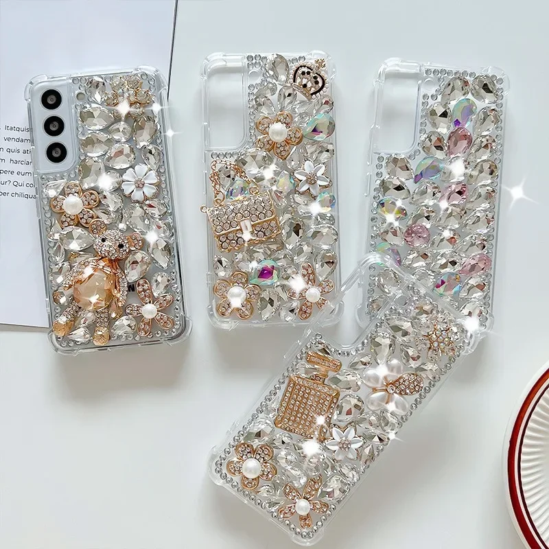 Luxury Bling Rhinestone Phone Case For Samsung Galaxy S23 S22 S21 Ultra S20 FE Note 20 10 Plus S10 Plus DIY Diamond Flower Cover