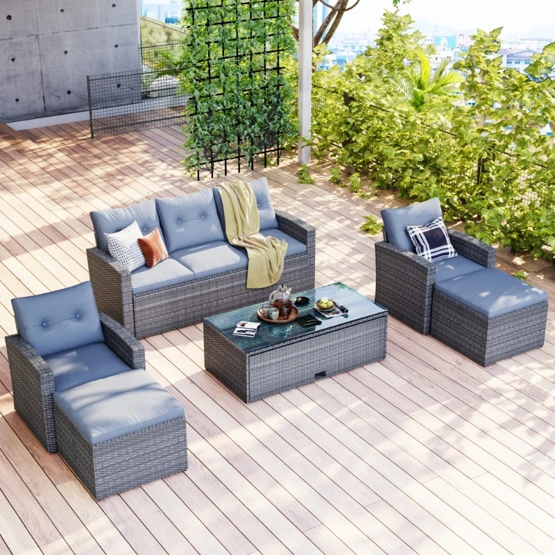 

6-piece Garden Patio Furniture Outdoor Set High Quality Rattan Wicker Couch Sofas Furniture Modern Nordic Muebles De Patio Home