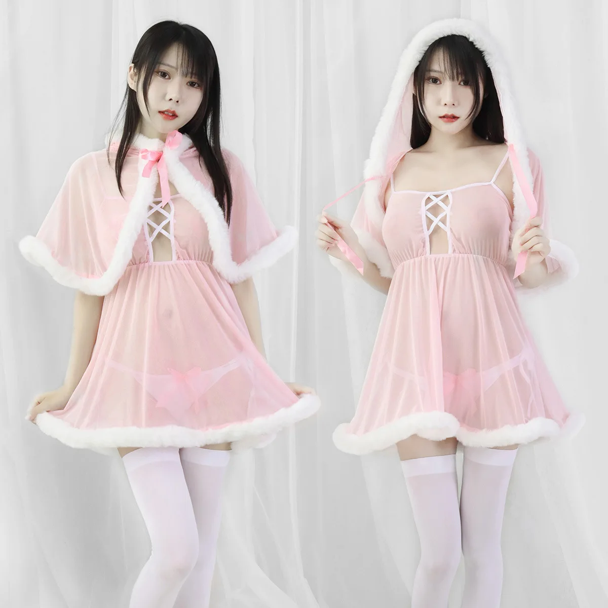 

Anime Fairy Tale Girl Pink Hooded Cape Dress Costume Cosplay Women Mesh Furry Nightdress Pajamas Uniform Outfit