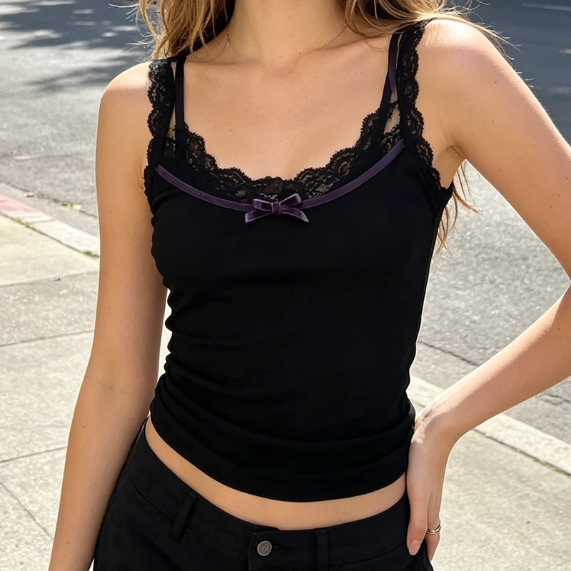 2000er Jahre Dark Gothic Spitzen-Patchwork Mode Ästhetisches Freizeithemd Sommer Persönlichkeit Harajuku Ärmelloses Sexy Spice Girl Camisole