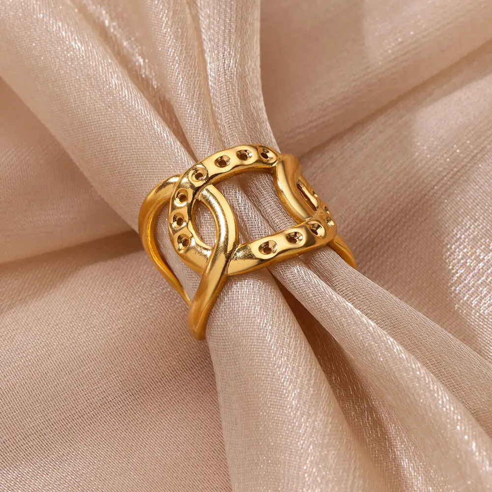 Geometric Hollow Cuban Chain Rings for Women Stainless Steel Gold Color Open Adjustable Ring Aesthetic Fashion Wedding Jewelry