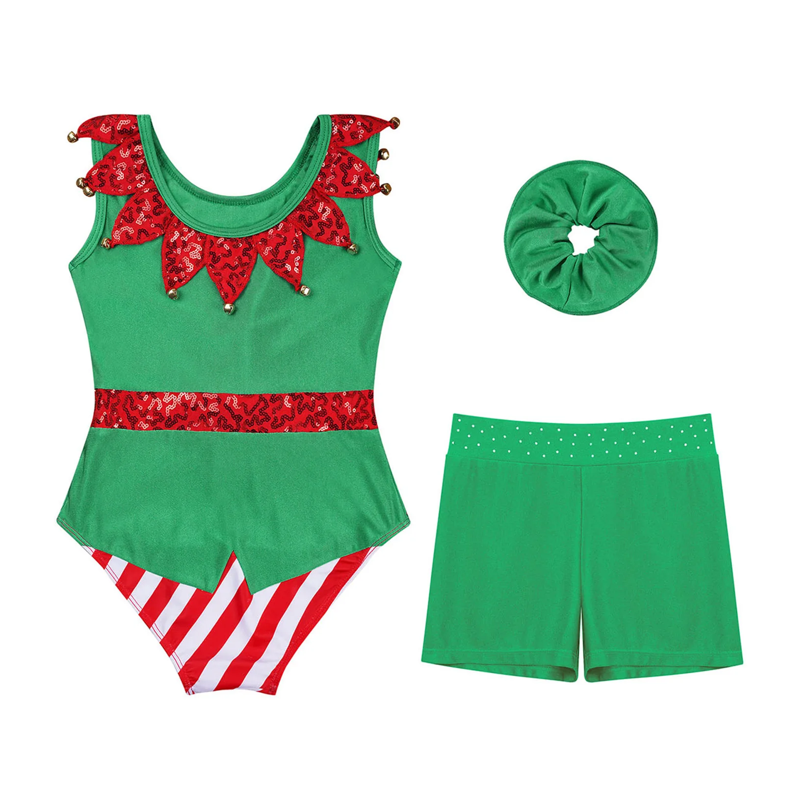 Girls Christmas Costume Xmas Holiday Party Candy Cane Outfits Stripes Sequins Gymnastics Jumpsuit for Stage Performance Clothes